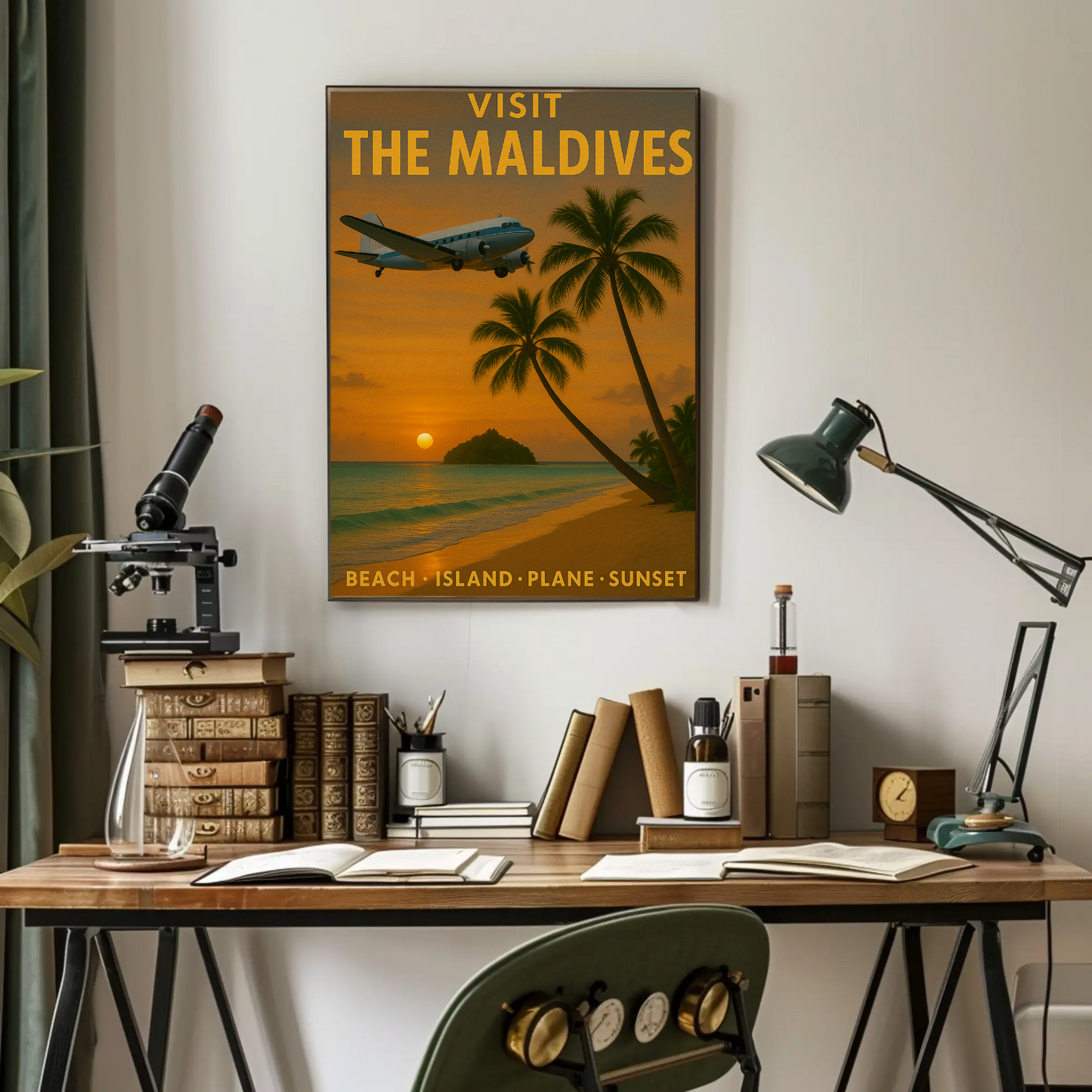 Visit Maldives Island Paradise Sunset Plane Travel Poster
