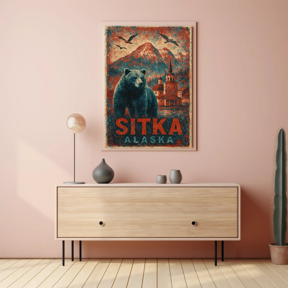 Sitka Alaska Travel Vintage Bear Foreground Snowcapped Mountains Church Heritage Art Deco Retro Eighties Poster