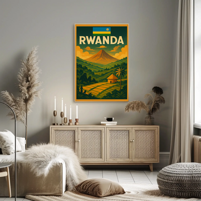 Rwanda Flag and Fields Sunset Travel Poster