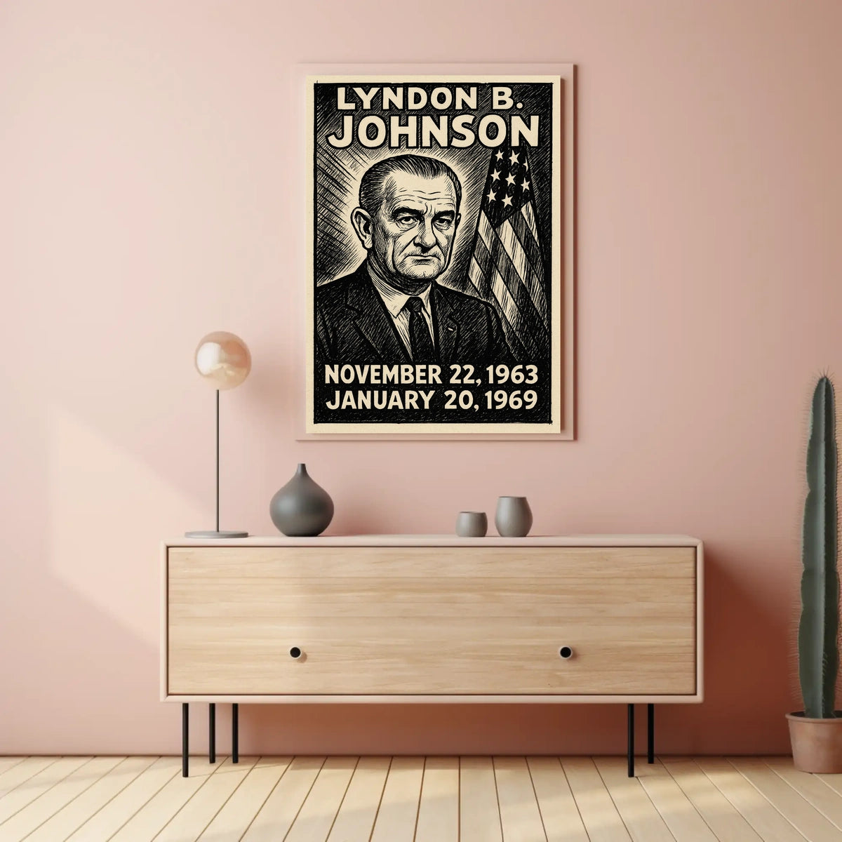 Lyndon B. Johnson 36th President of the United States B & W Comic Sketch Poster