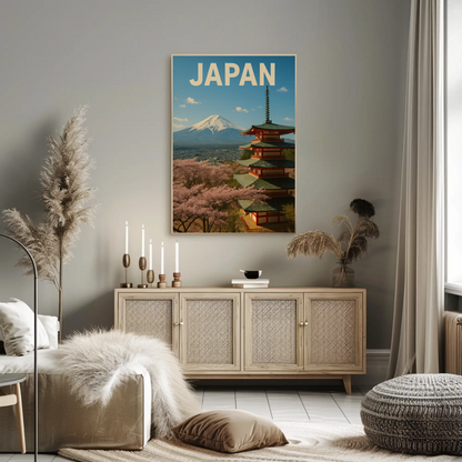 Japan Mount Fuji Pagoda Sakura Vintage Travel Poster