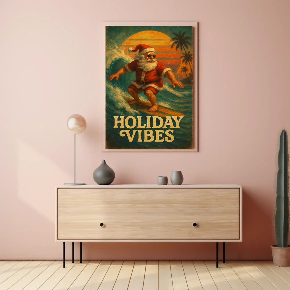 Surfing Santa Vintage Holiday Art Poster