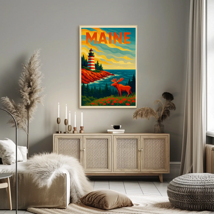 Maine Lighthouse Moose Forest Coastal View Poster