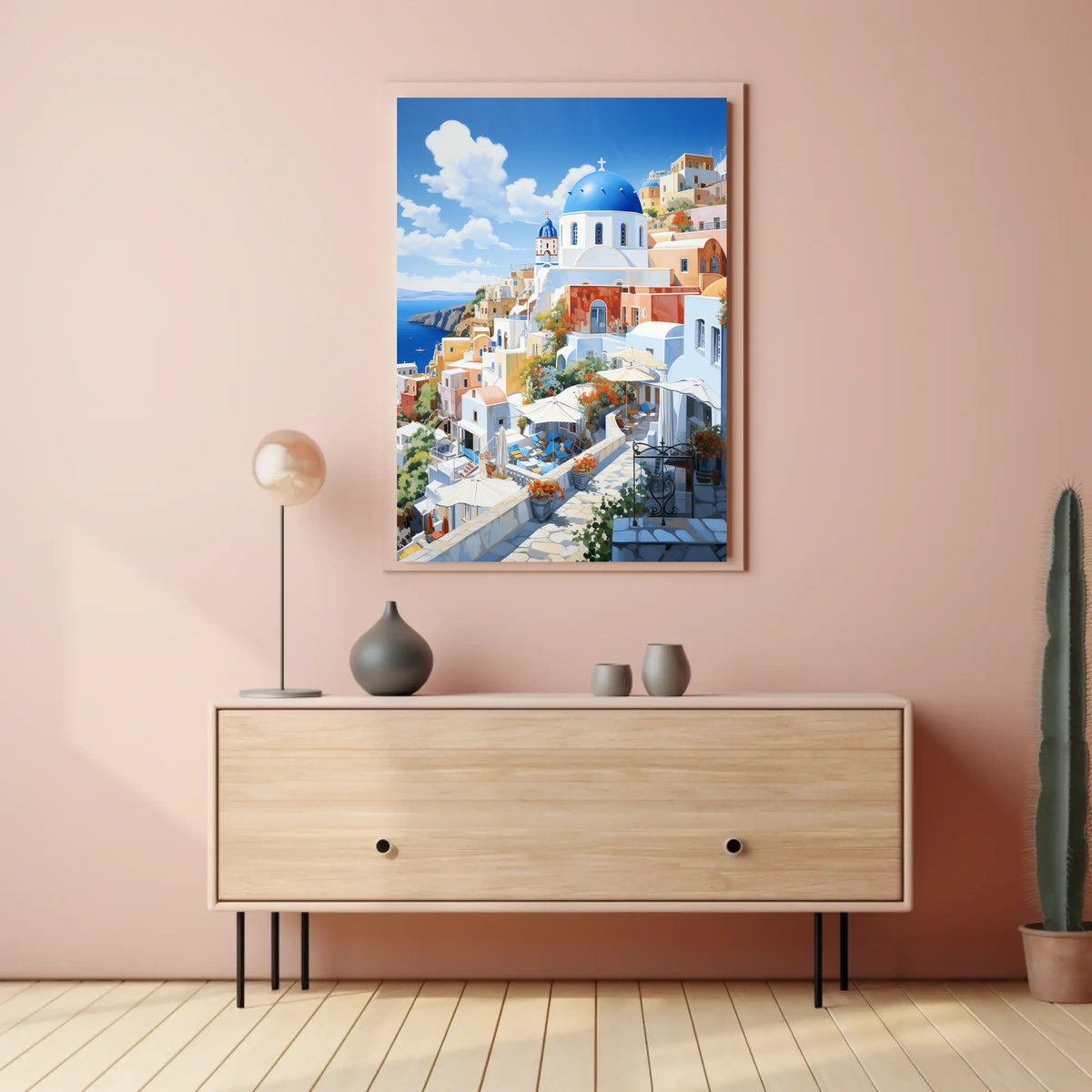 Santorini White and Blue Coastal Scene Travel Poster