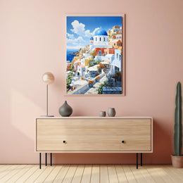 Santorini White and Blue Coastal Scene Travel Poster