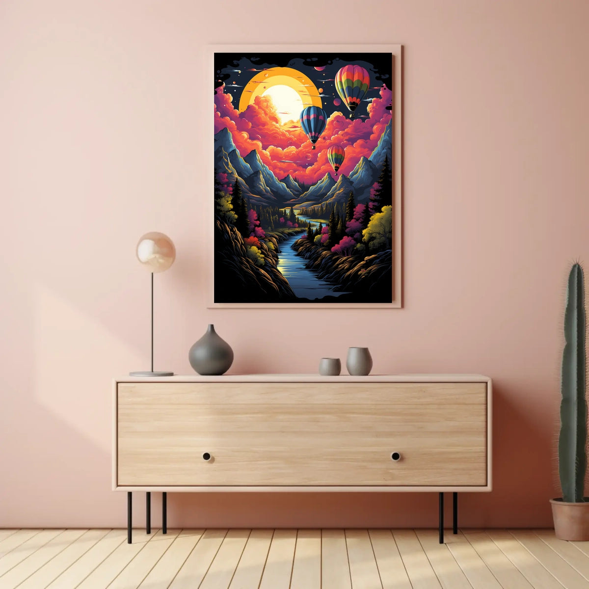 Vibrant Surreal Landscape Poster with Hot Air Balloons
