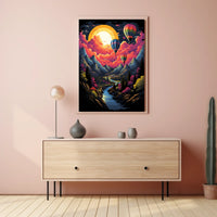 Vibrant Surreal Landscape Poster with Hot Air Balloons