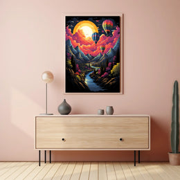 Vibrant Surreal Landscape Poster with Hot Air Balloons