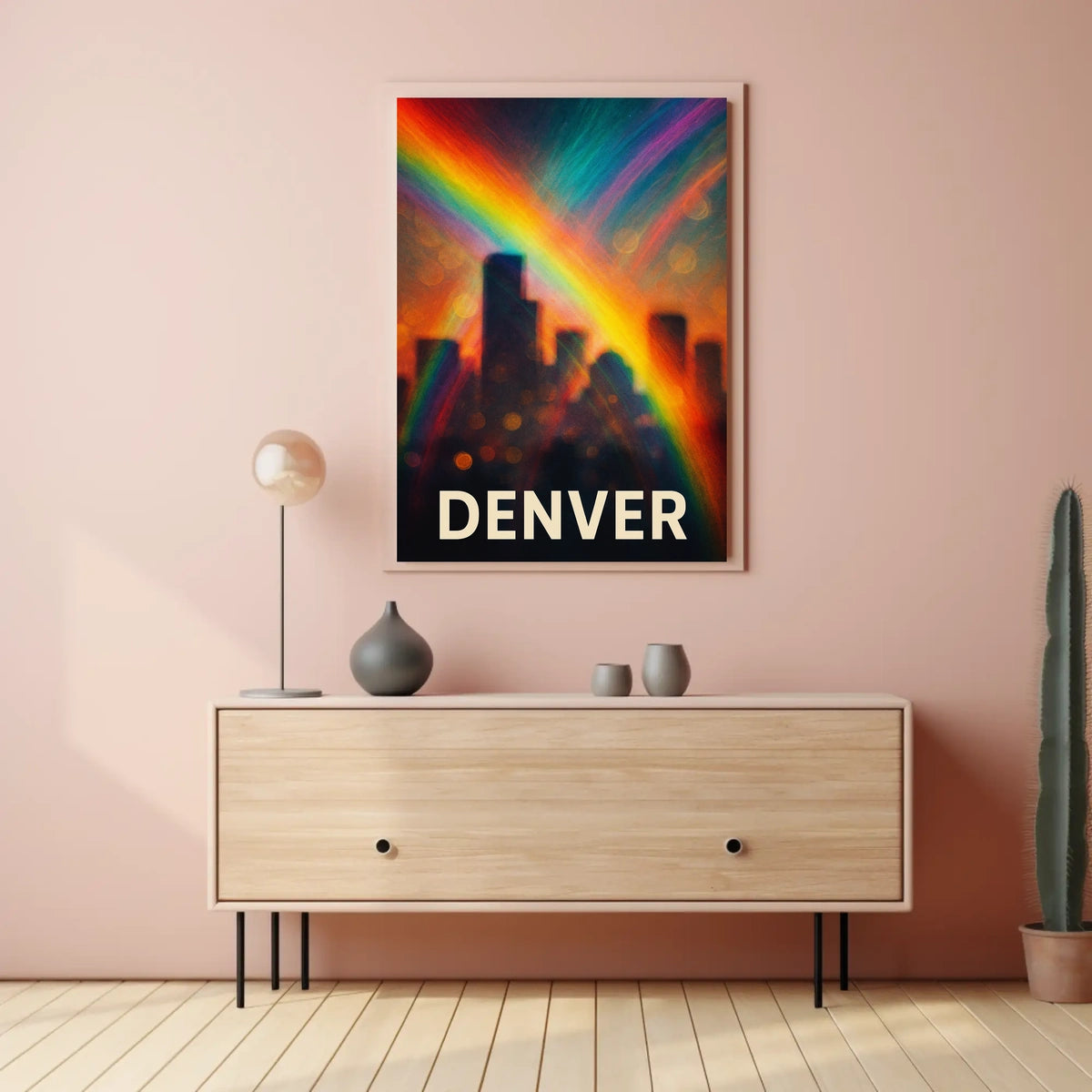 Denver Skyline Rainbow Minimalist Digital Painting Travel Urban Landscape Poster