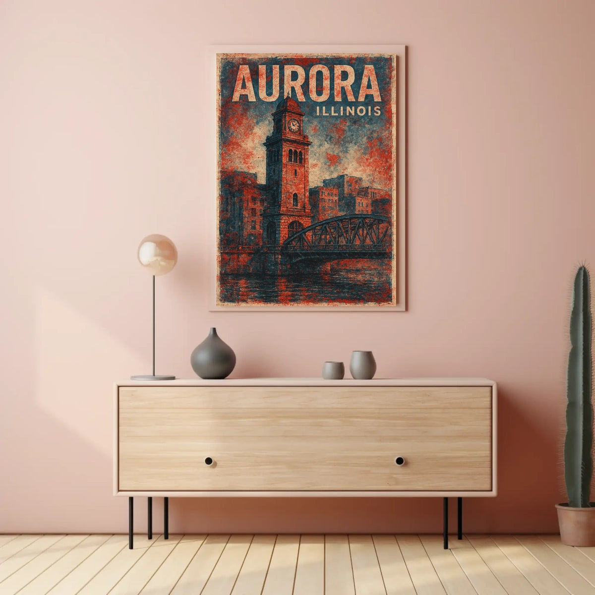 Aurora Illinois Cityscape Vintage Art Deco Skyline Heritage Wall Art Timeless Midwest Travelers Urban Vistas Poster