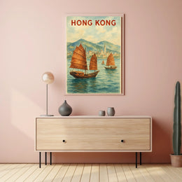 Hong Kong Harbor Watercolor Travel Poster