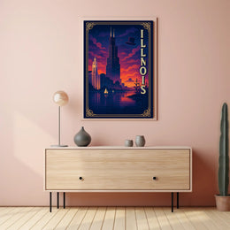 Illinois Skyline at Sunset: Captivating Travel Poster