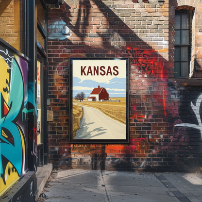 Kansas Barn Roadscape Vintage Poster