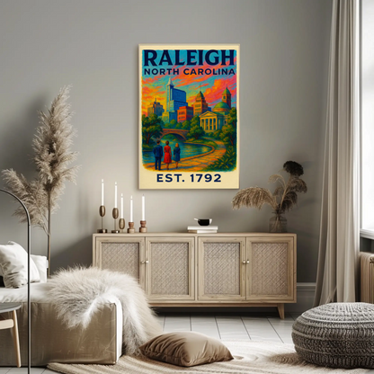 Raleigh North Carolina Skyline River Sunset Travel Poster