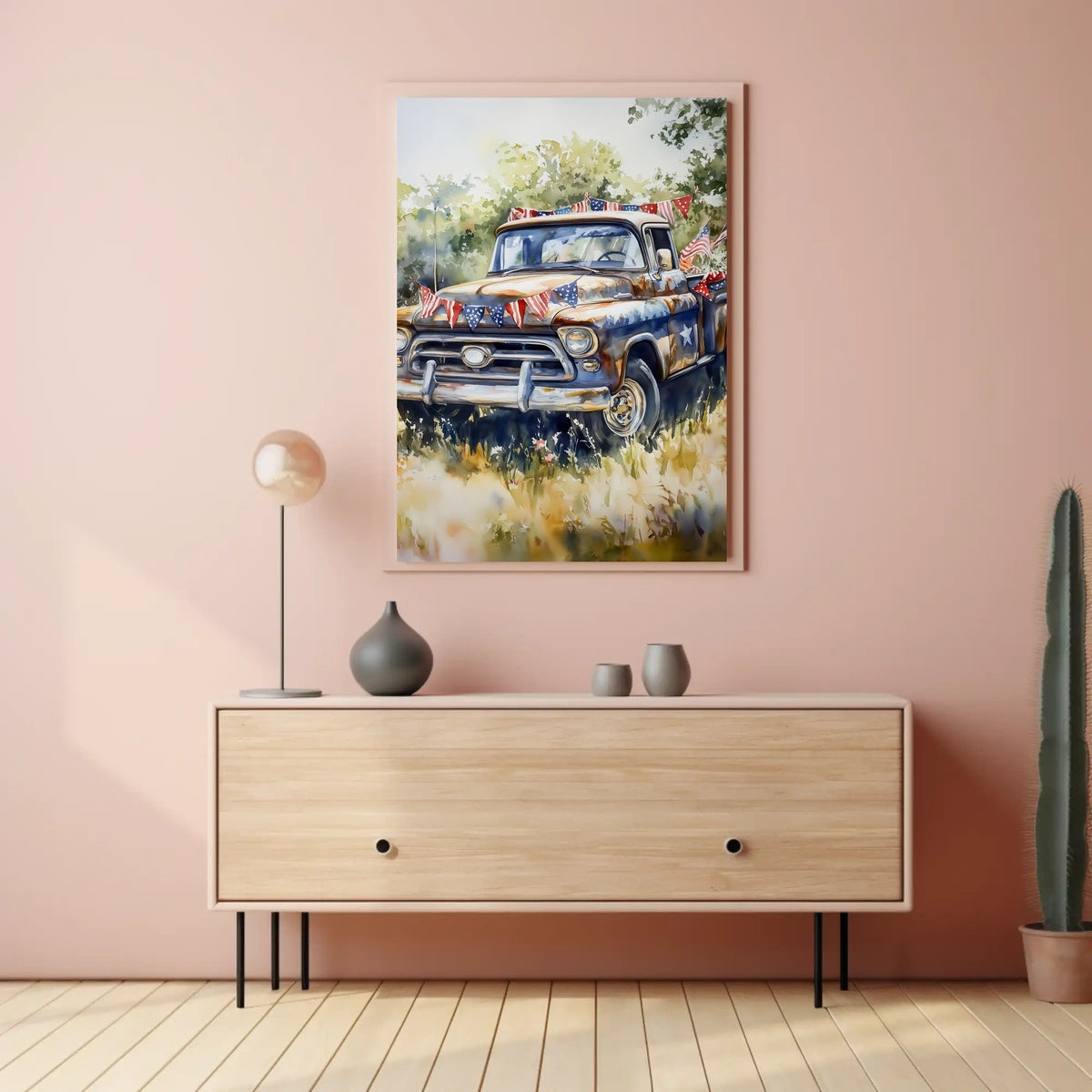 pickup truck parked in a sunny field Poster