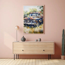 pickup truck parked in a sunny field Poster