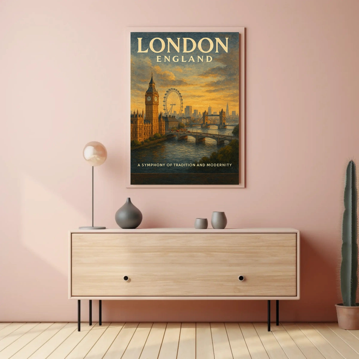 London Landmarks Vintage Poster: Big Ben, Eye, Bridge