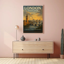 London Landmarks Vintage Poster: Big Ben, Eye, Bridge
