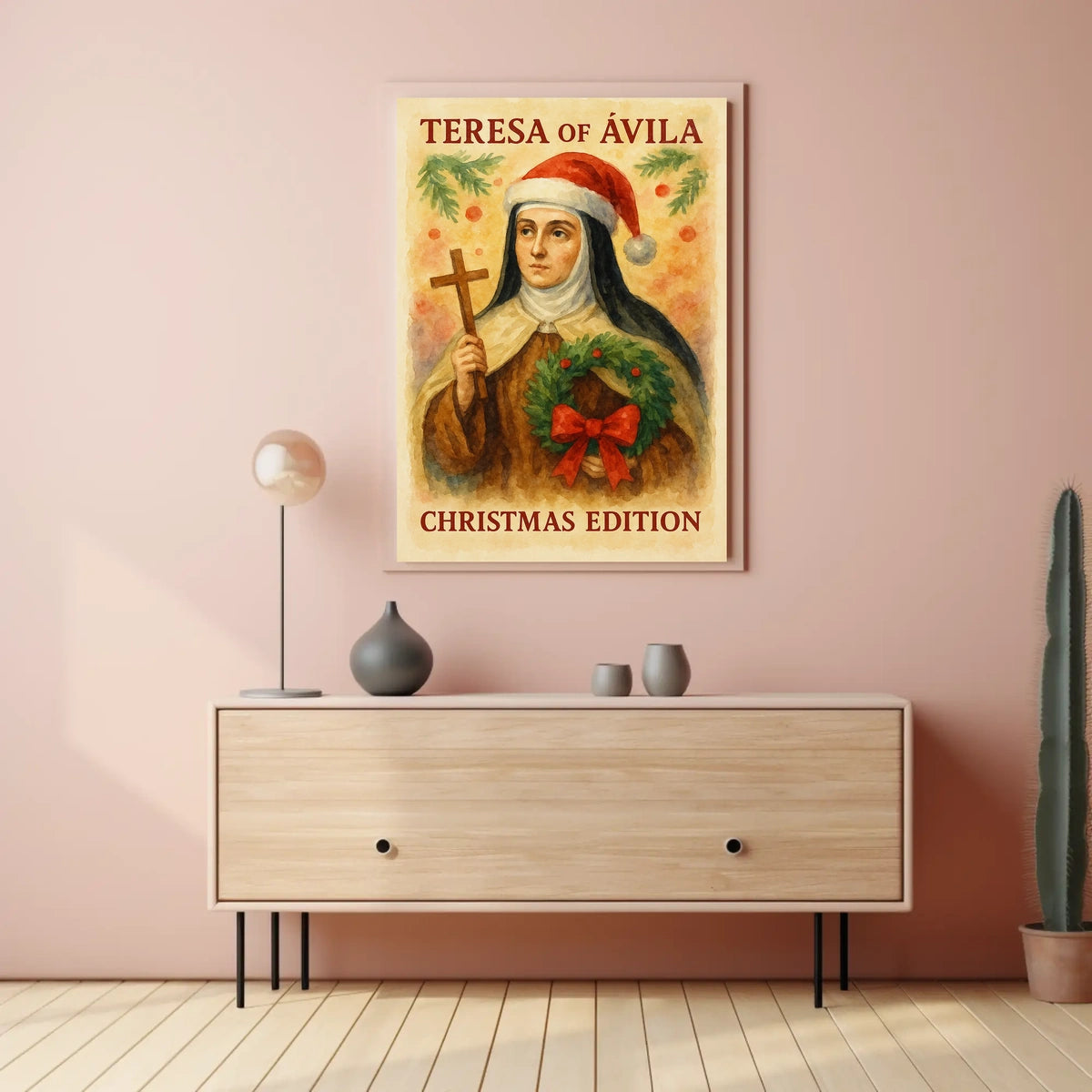 Festive Nun Artistic Poster with Christmas and Religious Elements