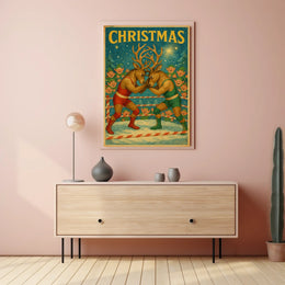 Whimsical Reindeer Wrestling Match: Christmas Pop Culture Poster
