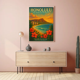 Honolulu Vintage Travel Poster Tropical Beachfront Art