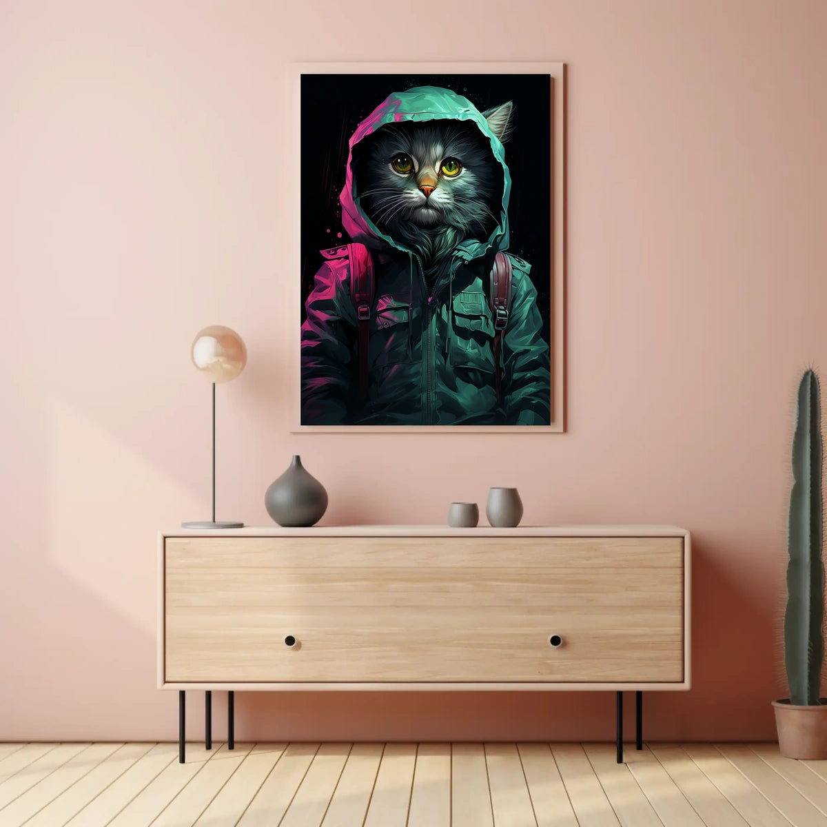 Anthropomorphic Cat in Rain Jacket Surreal Poster