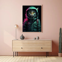 Anthropomorphic Cat in Rain Jacket Surreal Poster