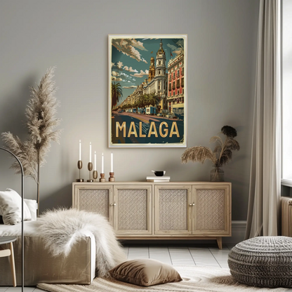 Malaga Urban Cityscape with Palm-Lined Boulevard Travel Poster