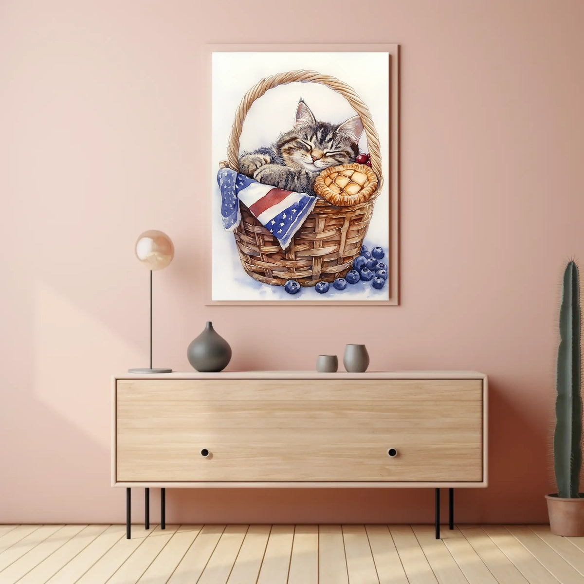 Adorable Fluffy Tabby Cat Sleeping In Basket Poster