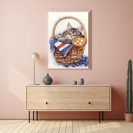 Adorable Fluffy Tabby Cat Sleeping In Basket Poster