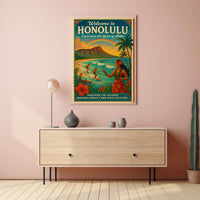 Honolulu Vintage Travel Poster Surf, Sun, Aloha Vibes