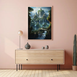 Fantasy Landscape with Pagodas and Waterfalls – Artistic Poster