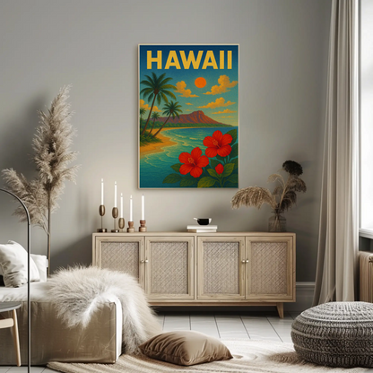 Hawaii Sunset Coastline Hibiscus Beach Travel Poster