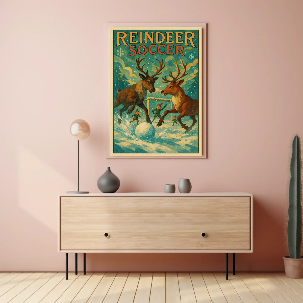 Reindeer Soccer: Whimsical Winter Fantasy Art Poster