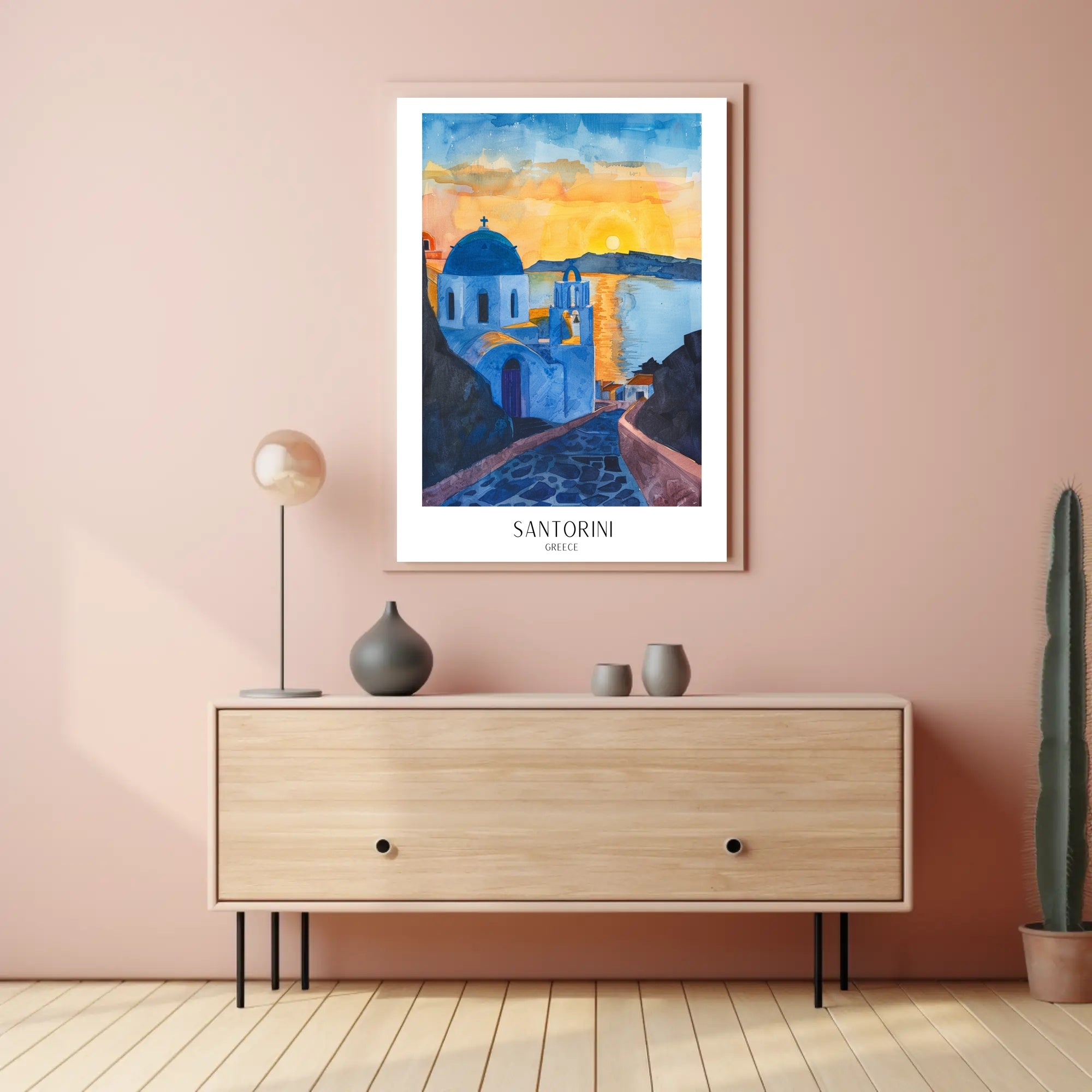 Santorini Sunset Watercolor Travel Poster PosterGoat