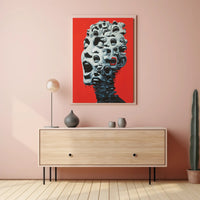 Surreal Faces Collage Poster: Red Background Art PosterGoat