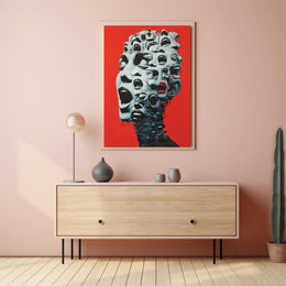 Surreal Faces Collage Poster: Red Background Art PosterGoat