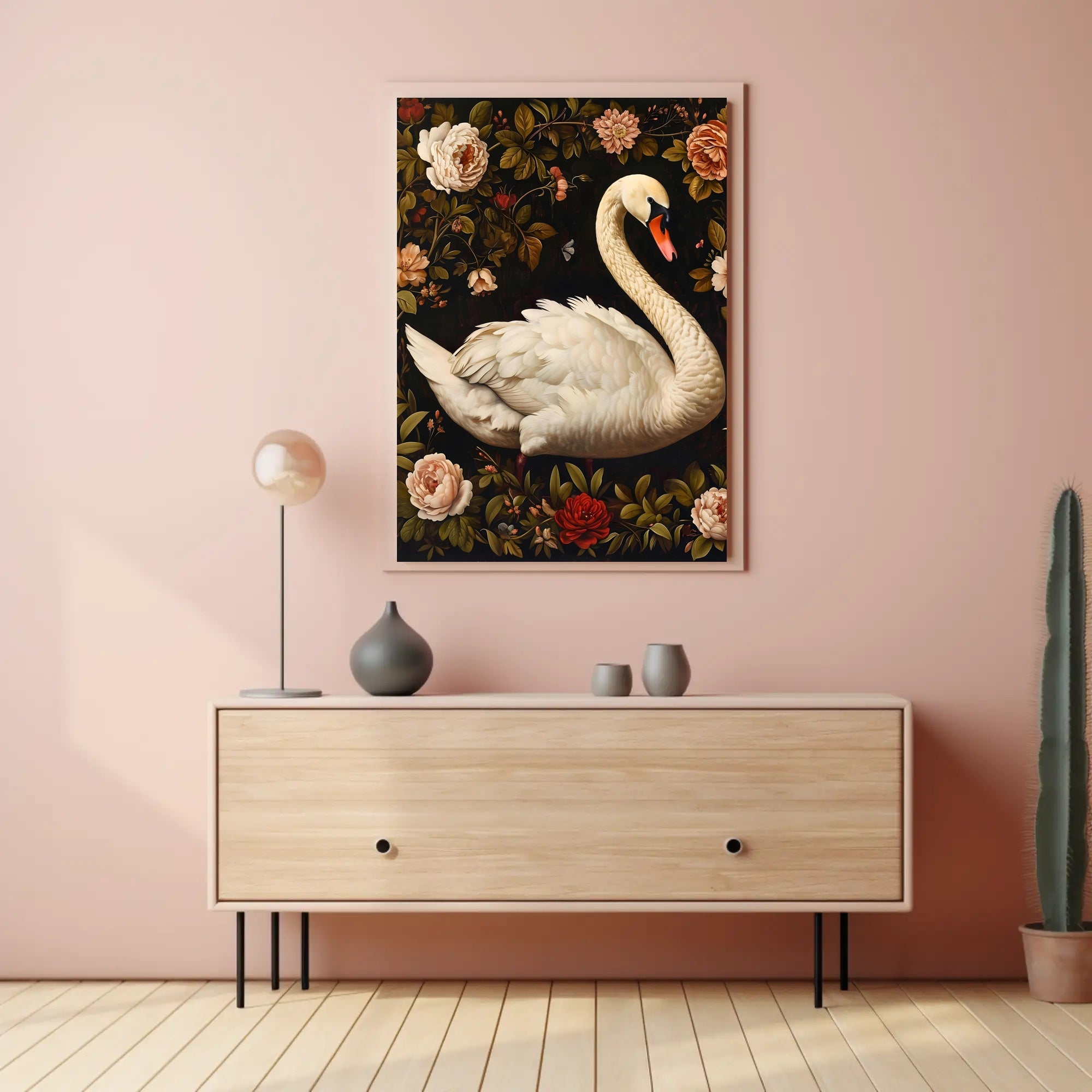 Graceful Swan Wall Art Amidst Blossoms