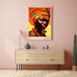 Vibrant Elegance: Woman with Colorful Headwrap and Bold Accessories Poster