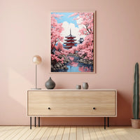 Japanese Pagoda with Cherry Blossoms Cultural Poster