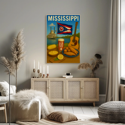 Mississippi River Guitar Beer Catfish Corn Flag Travel Poster