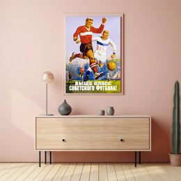 Dynamic Vintage Soviet Soccer Match Illustration Sports Poster