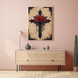 Gothic Cross with Red Roses Artistic Wall Decor Poster