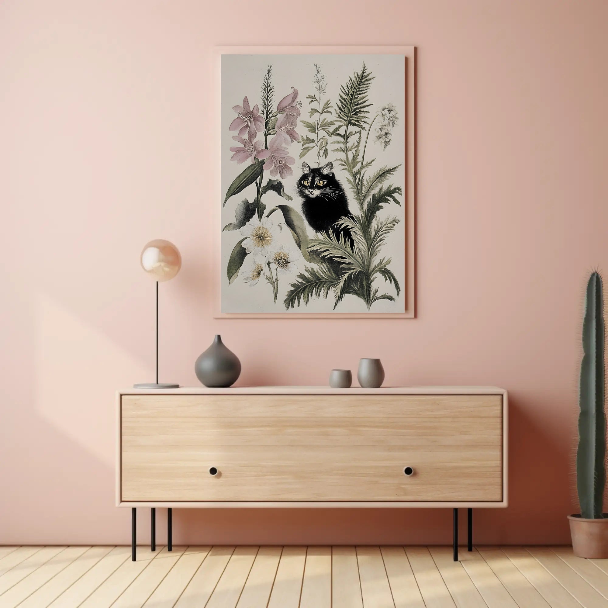 Black Cat with Wildflowers: Animal Poster PosterGoat