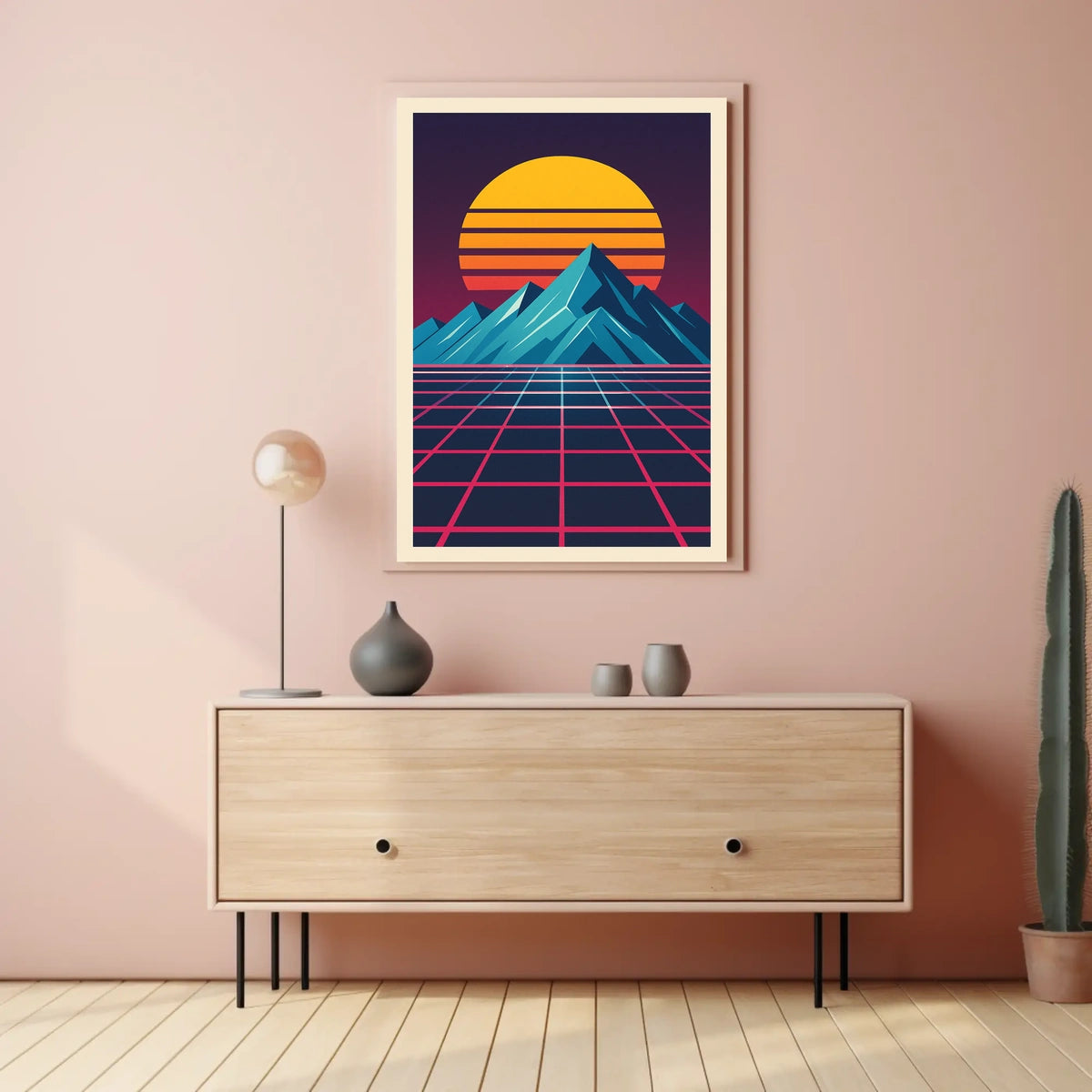 Retro-Futuristic Synthwave Mountain Landscape Futuristic Sci-Fi Poster