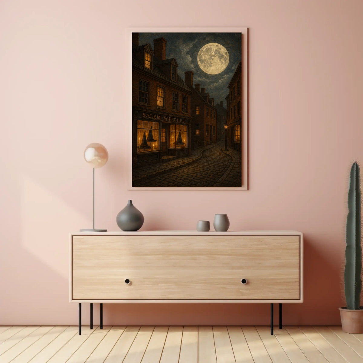 Salem Witchcraft Vintage Gothic Street Art Atmosphere Cobblestone Moonlit Historic Urban Collectors Poster