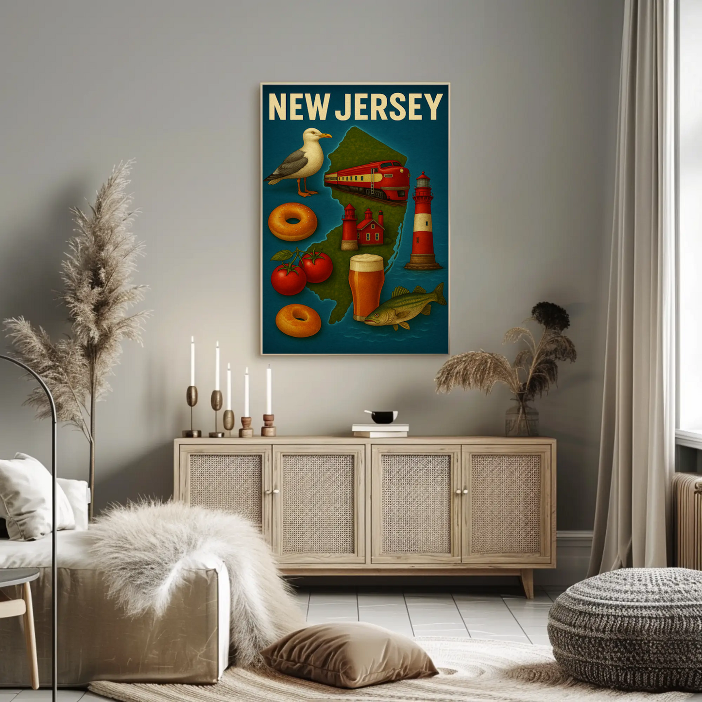 New Jersey Icons Lighthouses Bagels Beer Tomato Pride Travel Poster Travel Poster