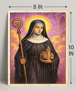 Saintly Figure with Church Model Poster PosterGoat
