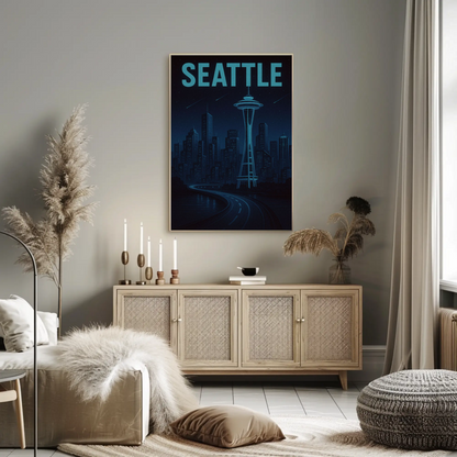 Seattle Futuristic Blue Night Skyline Space Needle Travel Poster