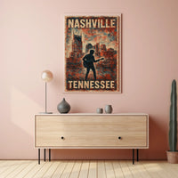 Nashville Guitar Silhouette Vintage Music Cityscape Rustic Texture Nostalgia Folk Art Poster